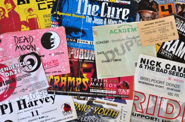 ATHENS, GREECE - JUNE 26, 2014: Vintage live concert ticket stubs alternative indie and punk rock music memorabilia from the 1980s and 1990s.