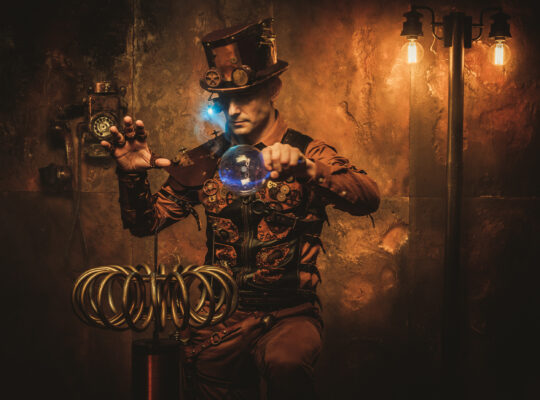 Steampunk man with Tesla coil on vintage steampunk background